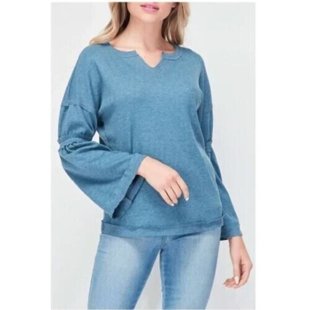 Baea‎ Women's V-Neck Flare Long Sleeve Thermal Top In Denim Blue XSmall MSRP $78